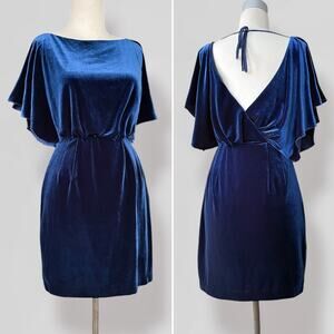 Blue Velvet Open Back Mini Dress Sz 6 Dolman Sleeve Hollywood Glam Cocktail